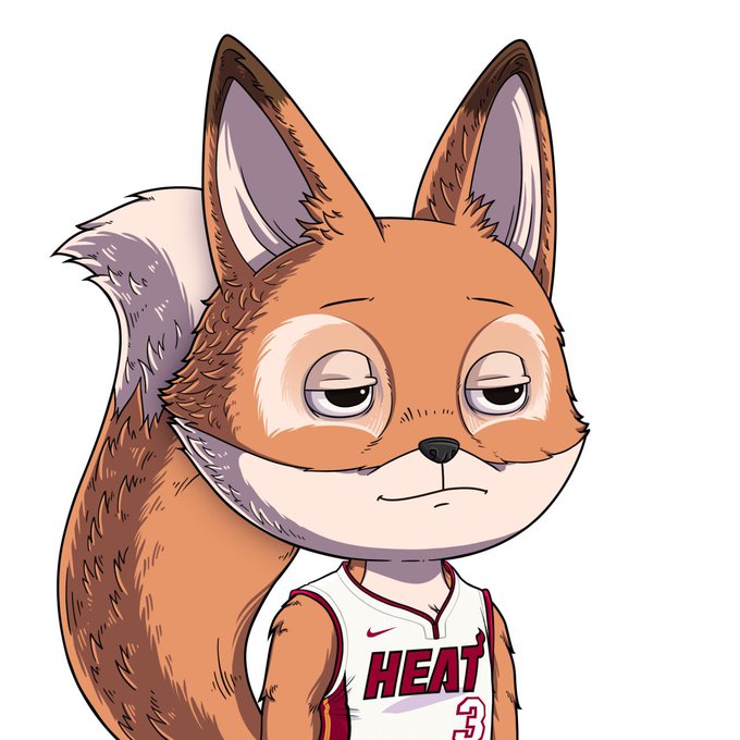 An illustrated cartoon fox with half-closed eyes wears a white Miami Heat basketball jersey featuring the number 3.