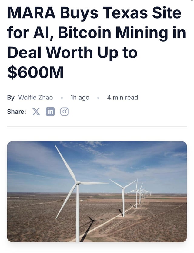 A news article headline reading 'MARA Buys Texas Site for AI, Bitcoin Mining in Deal Worth Up to $600M' by Wolfie Zhao, accompanied by a photo of wind turbines in a field.