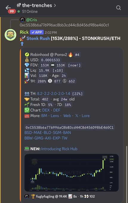 A Discord message in the #the-trenches channel shows Rick sharing a crypto token (STONKRUSH/ETH) with a 153k/288k market cap and 288% growth, while his caption promotes his premium chat membership as a way to create buy pressure.