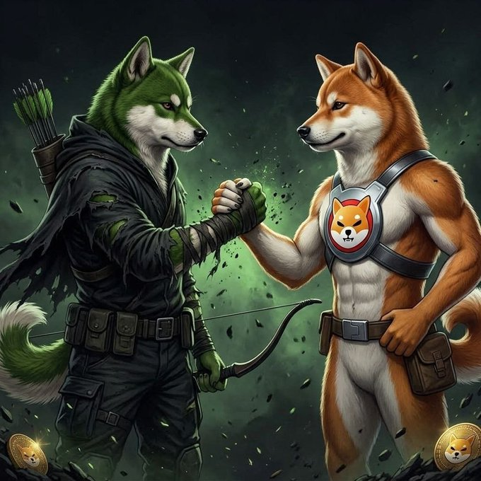 Two muscular, anthropomorphic canine warriors (a green-hooded archer wolf and a Shiba Inu wearing a chest plate with the Shiba Inu logo) clasp hands amid swirling green smoke and flying embers, symbolizing a fierce alliance. The image pairs with the post to hype the $WOOF token as a powerful, battle-ready opportunity being scooped up "on the dip."