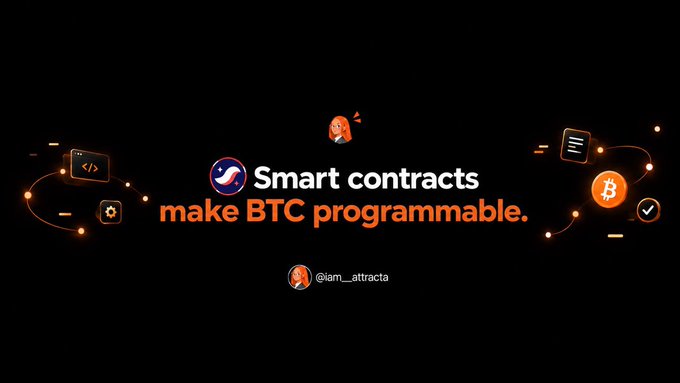 Promotional graphic with text 'Smart contracts make BTC programmable' alongside a Bitcoin logo, credited to @iam__attracta.