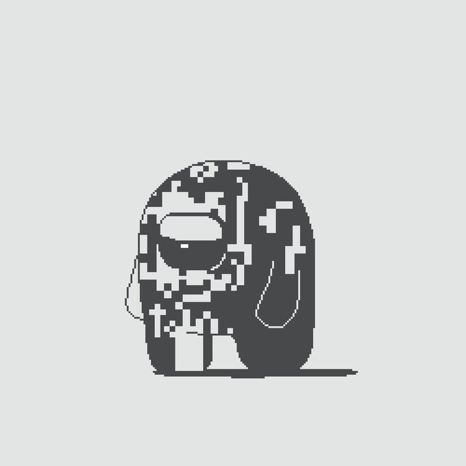 A pixelated dark gray character with cross-shaped patches and a distressed, glitchy appearance stands alone in the center of the image, visually representing the transformation or "normification" of the meme character mentioned in the post about "Gloomble gone normie."