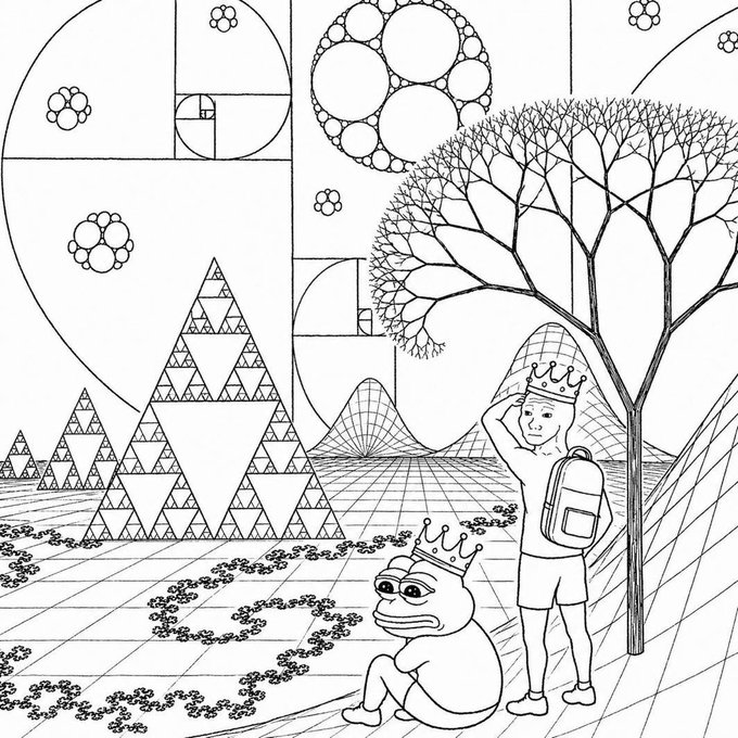 A black-and-white line art coloring page featuring geometric shapes including the Sierpinski triangle and Fibonacci circles, alongside a tree and two crowned figures—one human child and one frog-like creature.