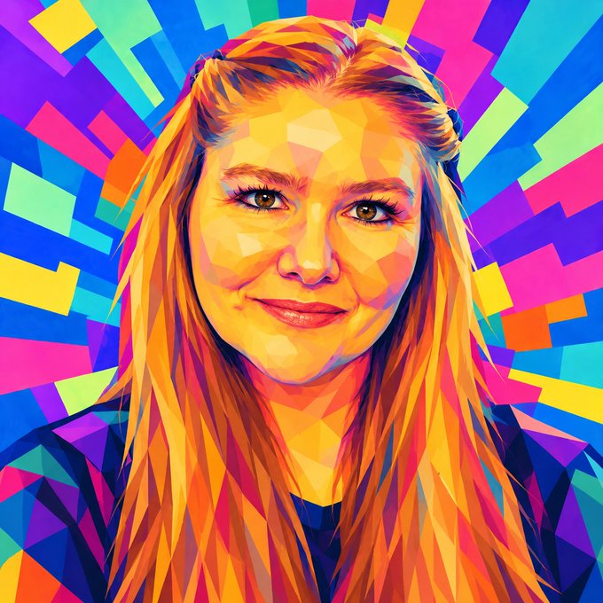 A vibrant, geometric pop-art style portrait of a smiling young woman with long blonde hair, rendered in bold triangular facets of orange, pink, yellow, and blue against a colorful, blocky background.