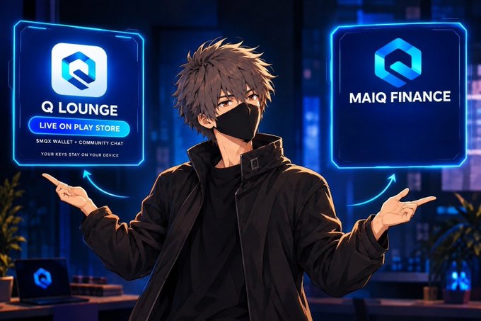 Anime-style illustration of a masked character pointing to two digital displays: 'Q LOUNGE' (Live on Play Store) and 'MAIQ FINANCE' against a blue-lit background.