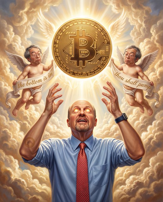 Jim Cramer, depicted with glowing eyes and arms raised in desperation, is flanked by two cherubs holding banners declaring "the bottom is in" and "thou shalt pump" as a radiant Bitcoin coin hovers above him in the clouds—satirizing his notoriously wrong crypto predictions and reinforcing the post's jab that Cramer is selling Bitcoin at the worst possible time.