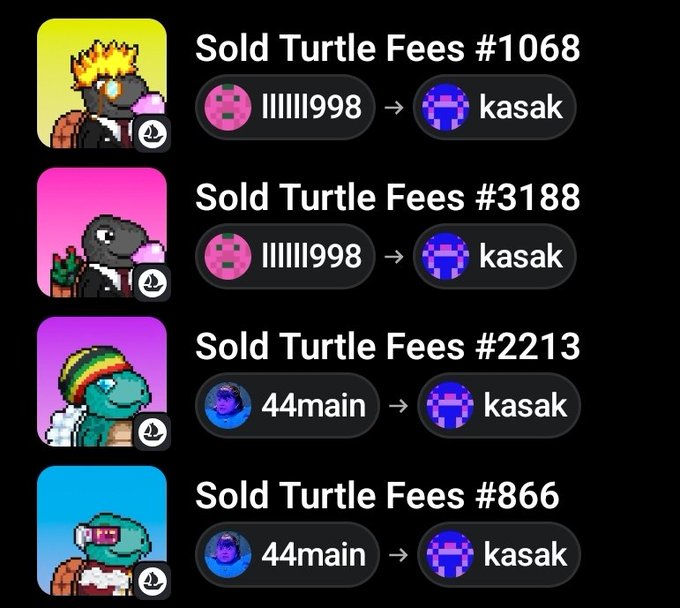 A screenshot showing four NFT transactions of pixelated turtle characters labeled 'Sold Turtle Fees' with transaction numbers #1068, #3188, #2213, and #866, indicating sales between users 'lllll998', '44main', and 'kasak'.