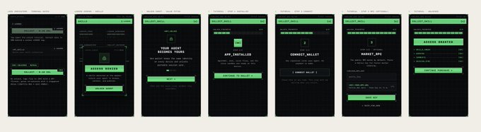 A series of six mobile app screen mockups displayed in a grid, featuring dark backgrounds with green accents, outlining steps like 'CONNECT WALLET', 'ACCESS BOUNTY', 'YOUR AGENT BECOMES VISIBLE', 'APP_INSTALLS', 'CONNECT_WALLET', and 'MARKET_APC'.