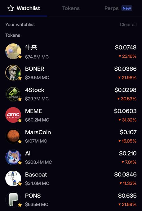 A screenshot of a cryptocurrency watchlist interface showing tokens like 牛来, BONER, 4Stok, MEME, MarsCoin, AI, Basecat, and PONS along with their prices and negative percentage changes.