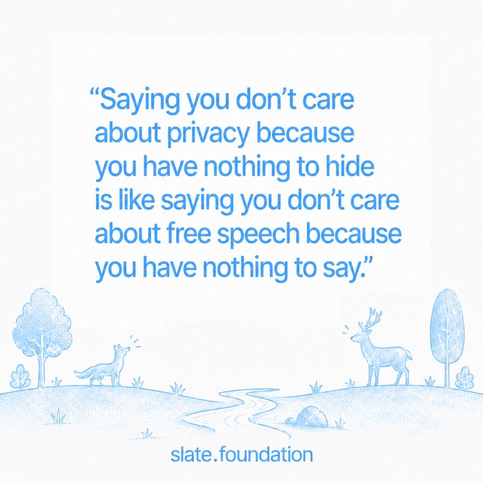 An illustrated quote card reading: 'Saying you don't care about privacy because you have nothing to hide is like saying you don't care about free speech because you have nothing to say.' with 'slate.foundation' below.
