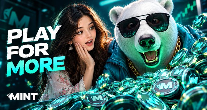 A promotional banner for '$MINT' with the bold text 'PLAY FOR MORE', depicting a young woman next to a smiling, sunglasses-wearing white bear emerging from a pile of shiny cyan coins marked with 'M'.