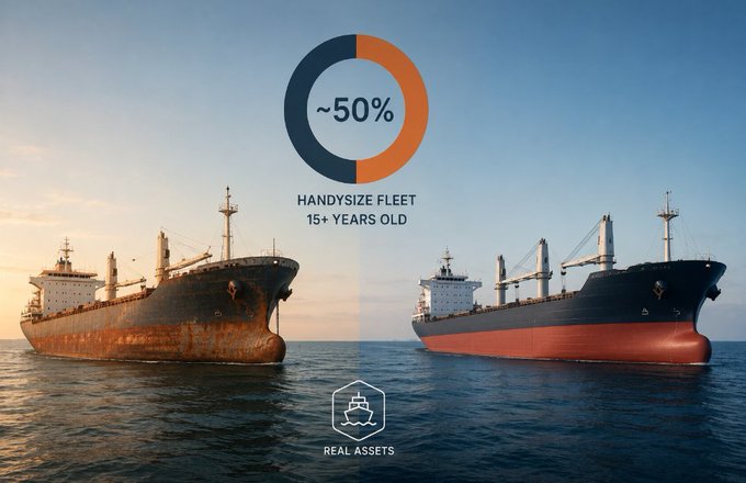 An infographic showing a comparison between an old, rusted Handysize cargo ship and a newer one, with a pie chart indicating "~50% HANDYSIZE FLEET 15+ YEARS OLD" under a "REAL ASSETS" label.