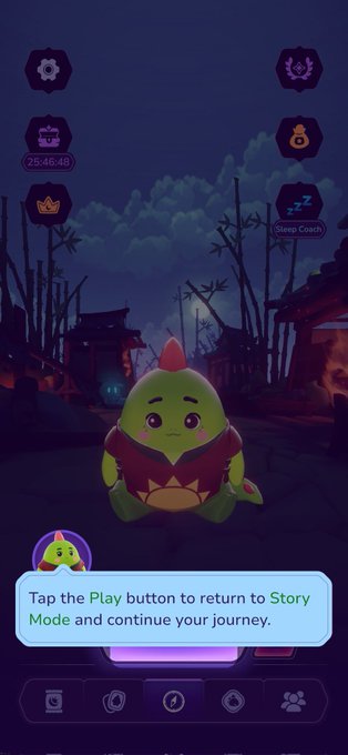 The image shows a phone screen displaying an app interface with a green dinosaur character sitting at the bottom of the screen. The text on the screen reads "Play the Play button to return to Story mode and continue your journey." This suggests that the user is in the process of returning to the Story mode, which could be related to one or more of the Solana projects featured on the app.
