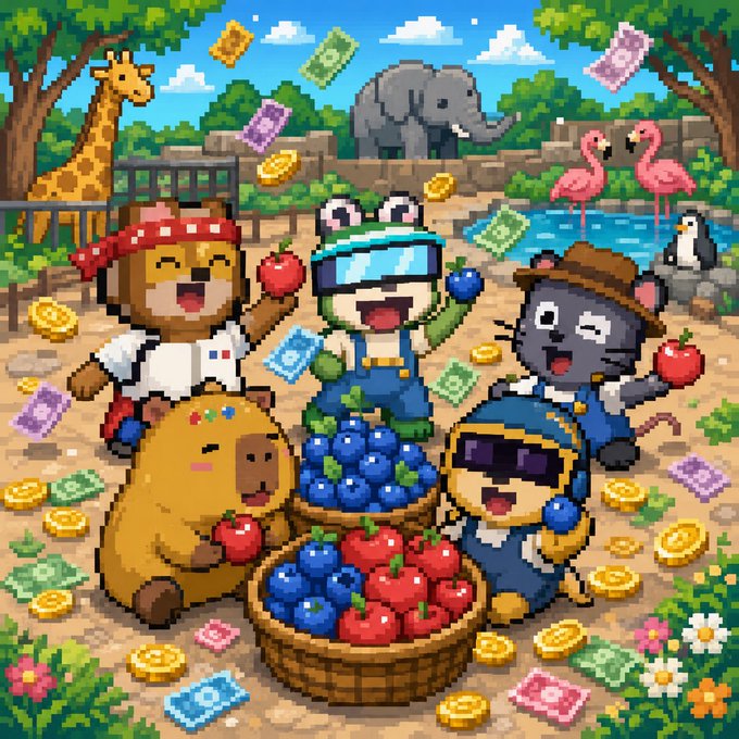 Colorful pixel art depicting various animal characters (giraffe, elephant, flamingo, capybara) at a zoo celebrating with coins, tickets, and a basket of fruit.