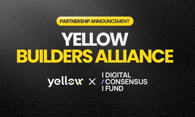 The image features a black background with white text that reads "Yellow Builders Alliance". Below this, there are two logos - one yellow and one blue. The text above these logos states "Partnership announcement", indicating an event or collaboration between Yellow and another company. The text below the logos mentions "Digital Consentus Fund" which suggests a fund dedicated to digital projects.