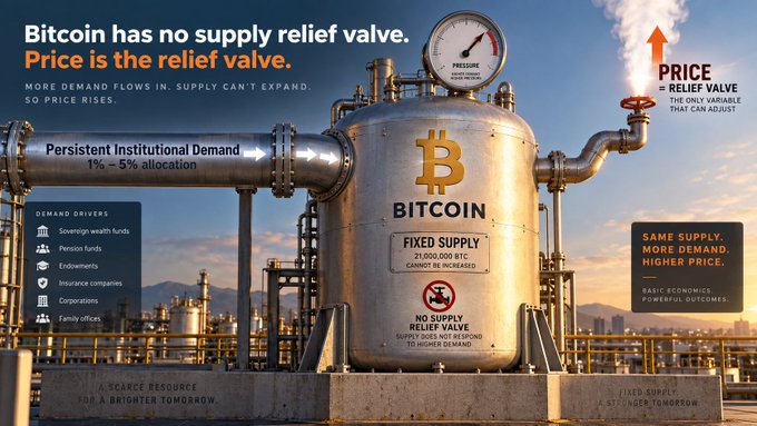 The image illustrates Bitcoin as a pressure tank with a fixed 21,000,000 BTC supply, emphasizing the messaging "Bitcoin has no supply relief valve. Price is the relief valve," highlighting how persistent institutional demand (1%-5% allocation) against fixed supply drives price higher—mirroring the post's refinery analogy where rising tank pressure from inflow exceeding outflow has only one release: price.