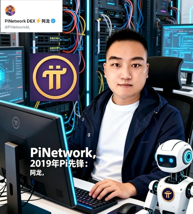 The image features a young man seated at a computer workstation with server racks in the background, alongside a small white robot displaying the Pi Network logo. Text on the image reads "PiNetwork, 2019年Pi先锋：阿龙" (PiNetwork, 2019 Pi Pioneer: Along), with a Twitter handle @PiNetworkAL visible at the top. This appears to be promotional content supporting the post's discussion about Pi Network's utility for daily payments and merchant conversion to fiat currency, positioning "阿龙" (Along) as a featured Pioneer addressing these concerns.