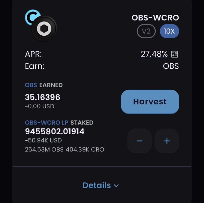 Screenshot of a liquidity pool interface showing OBS-WCRO V2 LP with 10X multiplier, 27.48% APR, 35.16396 OBS earned, and 9,455,802.01914 LP tokens staked worth ~$50.94K USD.