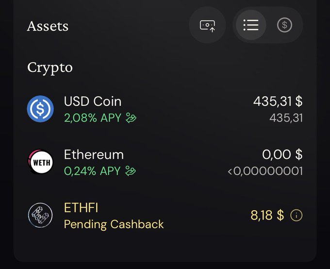 A crypto wallet 'Assets' screen shows USD Coin at $435.31 (2.08% APY), Ethereum at $0.00 (0.24% APY), and $8.18 in Pending Cashback for ETHFI.