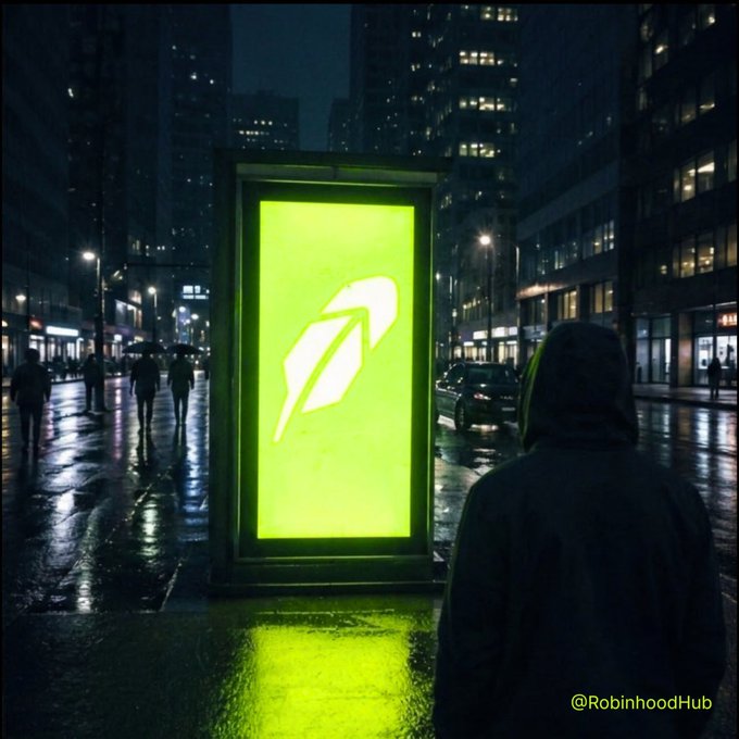 A dark, atmospheric nighttime city street scene featuring a hooded figure looking at a glowing green billboard displaying a feather/leaf logo, with '@RobinhoodHub' watermark.