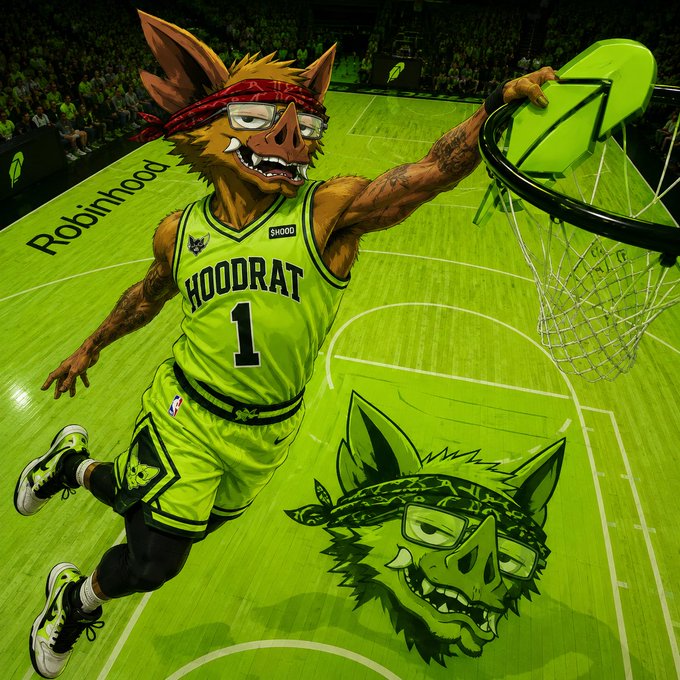 A stylized digital illustration shows a muscular anthropomorphic rat wearing a red bandana and a green 'HOODRAT 1' basketball jersey dunking on a bright green 'Robinhood' court.