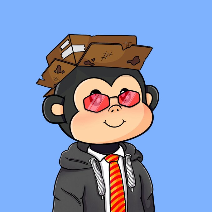 A cartoon illustration of a monkey character wearing a cardboard crown, red sunglasses, a hoodie, and a striped tie on a blue background.