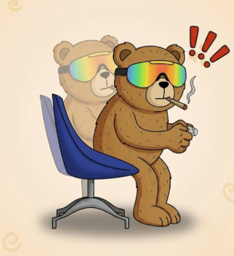 A cartoon illustration of two bears wearing rainbow-lensed sunglasses, sitting together; the front bear is smoking a cigar while the back bear holds a lighter, with red exclamation marks indicating surprise.