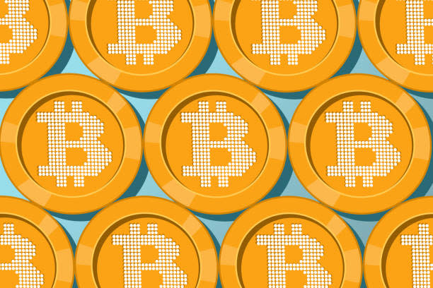 A digital illustration showing a repeating pattern of golden Bitcoin coins featuring the distinctive 'B' symbol on a blue background.