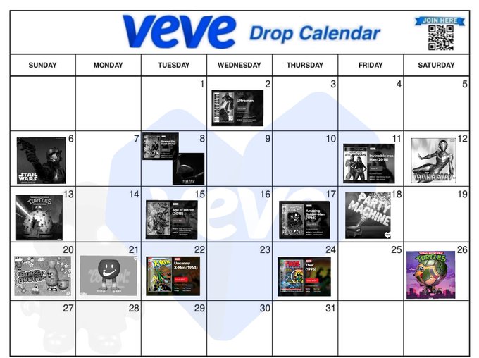 A Veve Drop Calendar displays various digital collectible releases scheduled throughout a month, featuring franchises like Star Wars, TMNT, and Ultraman.