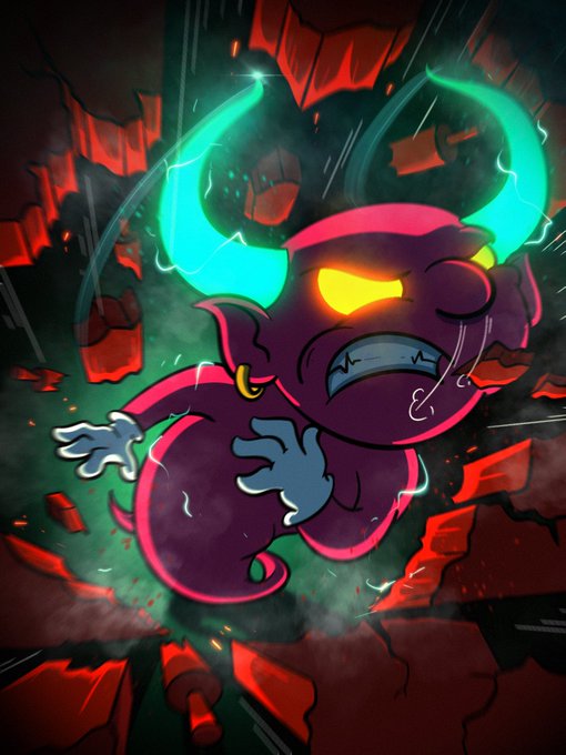 A dramatic cartoon illustration of a purple demon-like character with glowing yellow eyes, cyan horns, and an earring, surrounded by breaking red debris and green energy.