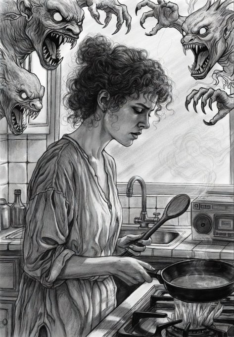 Black and white illustration of a woman cooking at a stove in a kitchen while several monstrous, fanged creatures lurk menacingly in the background near a window.