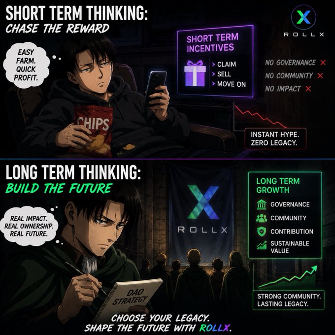 A promotional graphic for "ROLLX" contrasts "SHORT TERM THINKING: CHASE THE REWARD" with a slouched character eating chips against "LONG TERM THINKING: BUILD THE FUTURE" showing a focused character writing "DAO STRATEGY" on a tablet.