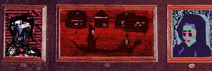 Three framed XCOPY artworks are displayed against a deep red background, featuring pixel-art style figures—a distorted screaming face, dark boat-like forms with figures, and a green-faced character—representing the "XCOPY trinity" mentioned in the accompanying post, with numbers 127, 130, and 135 visible beneath each frame in the Medici Collection.