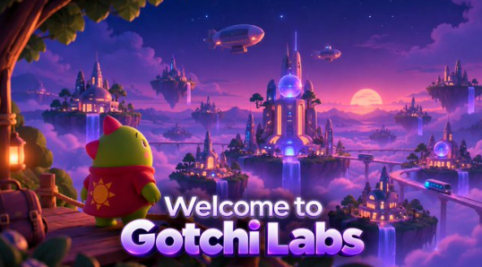 A vibrant fantasy illustration featuring a cute green and red character overlooking floating islands with castles, glowing purple skies, and airships, with the text 'Welcome to Gotchi Labs' prominently displayed.