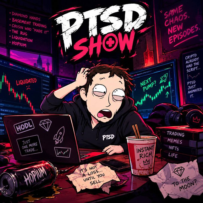 A cartoon character in a hoodie labeled "PTSD" sits surrounded by glowing trading charts and tablets displaying crypto jargon ("HODL," "LIQUIDATED," "NEXT PUMP?"), clutching his head next to a spilled "HOPIUM" can and a cup reading "INSTANT RICH," promoting the @ptsdshow's chaotic dark comedy about crypto trading culture.
