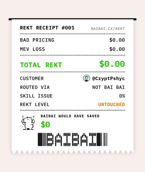 A digital 'REKT RECEIPT #001' showing a total rekt of $0.00 for customer @CryptPsyc with a 'BAIBAI WOULD HAVE SAVED $0' tagline.