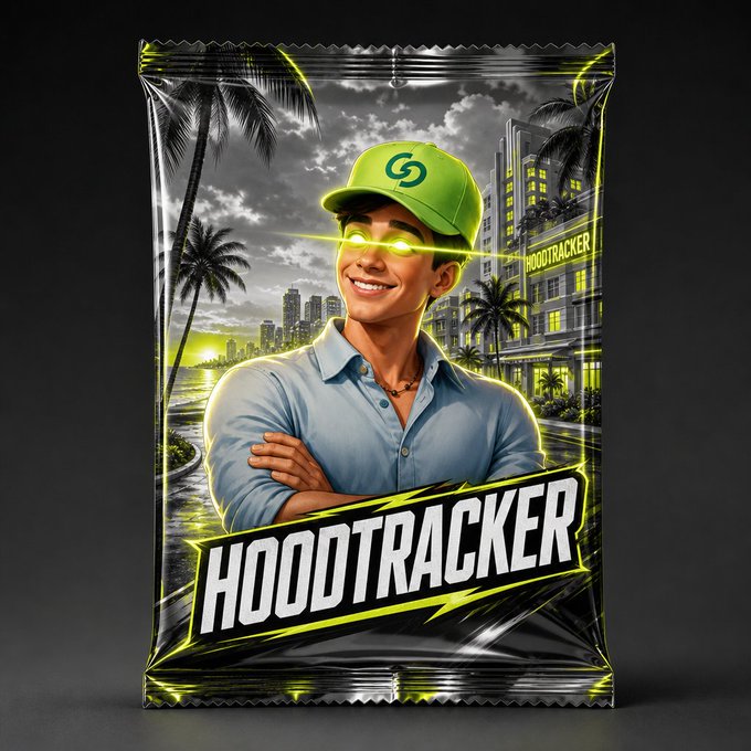 A packaged product label featuring a smiling man with glowing green eyes wearing a green cap, branded 'HOOOTRACKER' against a tropical city backdrop.