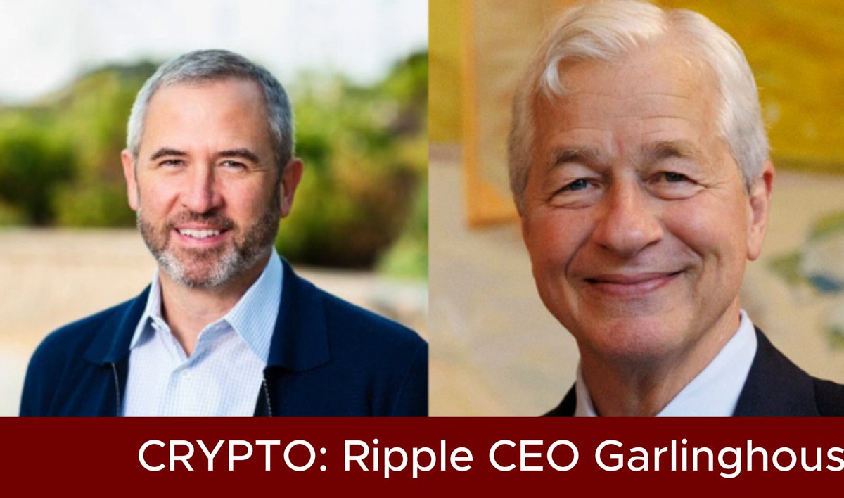 In the image, there are two men standing next to each other side by side with their smiles directed towards the camera. They seem to be posing for a picture or giving an interview, possibly discussing crypto or Ripple. The background behind them has a painting on the wall, which adds a bit of artistic detail to the scene. Below these two men, there is text that reads "Crypto: Ripple CEO Garlinghouse". This text provides context about the image and mentions that the focus of their discussion revolves around Ripple's CEO, Brad Garlinghouse.