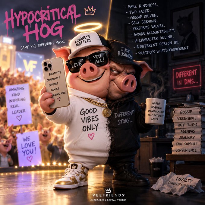 A Veefriends 'Hypocritical Hog' character reveal poster showing a split pig mascot with one side wearing angelic 'good vibes only' attire labeled with kindness traits like 'Positivity, Community, Support, Family,' while the other side is labeled 'Just Business' with traits including 'Fake Kindness, Two Faced, Gossip Driven.' Text notes 'Same Pig. Different Mask.' and 'Characters Reveal Truths.'