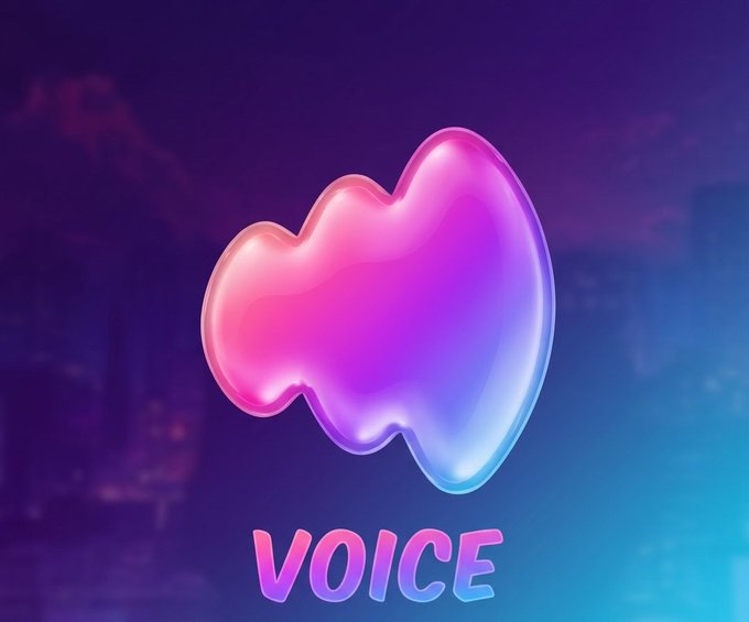 Stylized 3D rendering of a pink-to-blue gradient blob-like logo with the word 'VOICE' in gradient text below it against a dark blue city skyline background.
