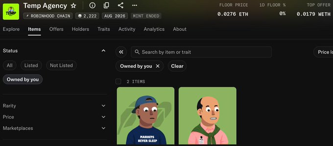 A Temp Agency NFT collection page on Robinhood Chain shows two owned cartoon character items, with a floor price of 0.0276 ETH and the mint ended in August 2026.