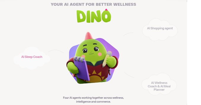 A promotional graphic for 'DINO - YOUR AI AGENT FOR BETTER WELLNESS' featuring a cute green dinosaur mascot in a red jacket holding a notepad, surrounded by features like 'AI Shopping agent', 'AI Sleep Coach', and 'AI Wellness Coach & AI Meal Planner'.