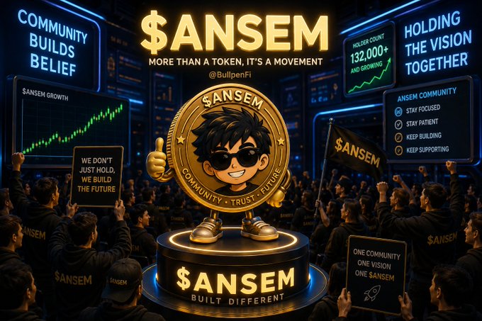 A promotional graphic for the '$ANSEM' cryptocurrency token by @BullpenFi, featuring a chibi-style character holding a large gold token, surrounded by a cheering community and slogans like 'COMMUNITY BUILDS BELIEF' and 'HOLDING THE VISION TOGETHER.'