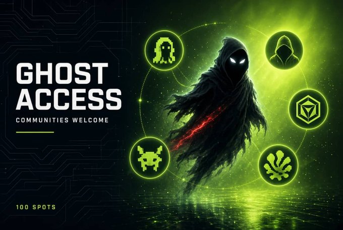 A promotional graphic with green neon glow displays 'GHOST ACCESS - COMMUNITIES WELCOME - 100 SPOTS' alongside a hooded figure and gaming icons like Space Invac and Bitcoin logos.