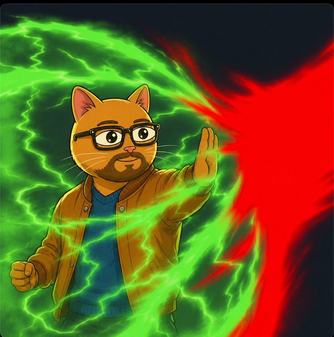 An illustration of a bearded cartoon cat character wearing glasses, a brown jacket, and blue sweater, casting a red energy blast from its hand surrounded by green lightning effects.
