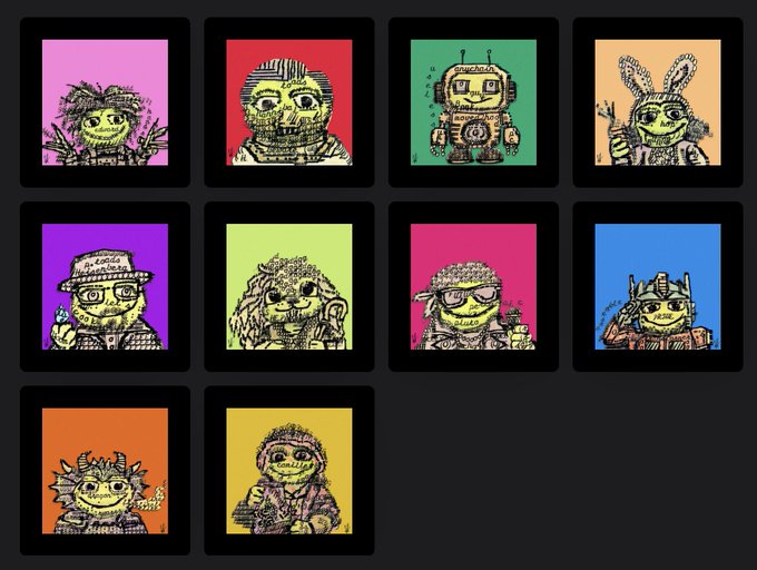 A grid of ten colorful pixel-art style portraits featuring quirky monster-like characters with various accessories (hats, bunny ears, sunglasses, robot bodies) on bright backgrounds (pink, red, green, peach, purple, yellow, magenta, blue, orange).
