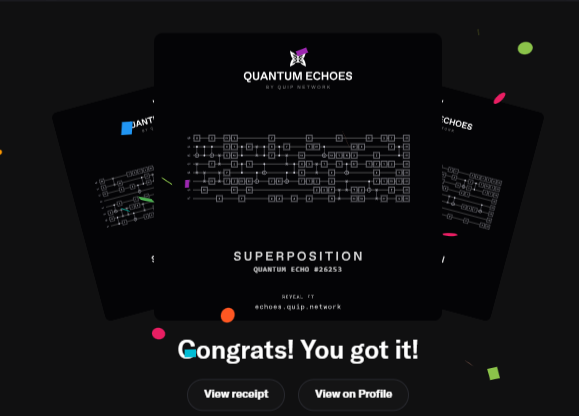 A 'Congrats! You got it!' notification screen showing 'Quantum Echoes' reward cards with circuit-like patterns, featuring 'SUPERPOSITION QUANTUM ECHO #26253' revealable at echoes.quip.network.