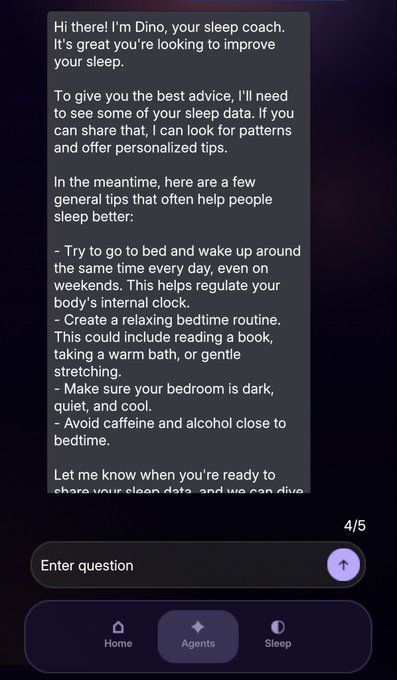 A chat interface showing a sleep coach named 'Dino' providing general sleep improvement tips, with options for 'Home', 'Agents', and 'Sleep' navigation at the bottom.