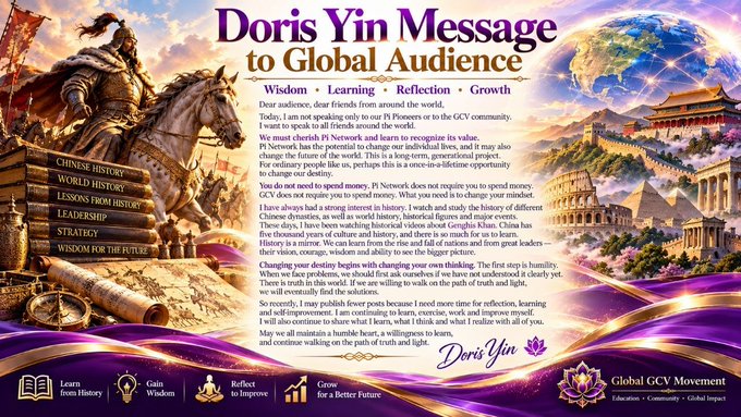 An article titled "DorisYin Message to Global Audience," featuring images of a warrior, the Colosseum, and the Great Wall, with a sidebar listing topics like "Chinese History" and "Leadership," signed by Doris Yin for the Global GCV Movement.