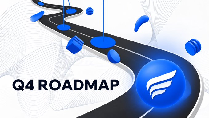 A 3D rendered graphic displaying the text 'Q4 ROADMAP' alongside a blue track with various geometric objects and a stylized winged logo.